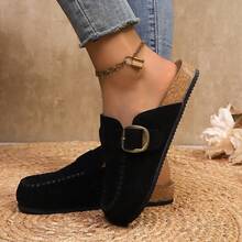 欧式麂皮穆勒拖鞋，搭扣系带休闲无后跟套脚乐福鞋，女士款 - 黑色 - 查看 4