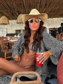 夏季女款性感豹紋比基尼雪紡外套三件套，海灘度假派對穿搭時尚優雅休閒泳裝套裝 - 彩色 - 查看 7