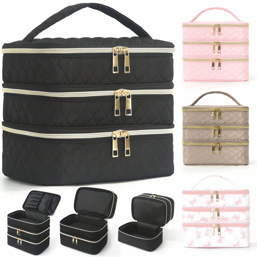 1-Piece Large Capacity Three-Layer Travel Cosmetic Bag, Multi-Function Separated Storage Bag, Travel Classification Storage Bag, Skin Care Product Storage Bag, Nail Polish Product Storage Box, Portable Handbag, Sanitary And Toiletries Storage And Sorting Bag, Household Products Classification Packaging Box, Travel Necessities, Fashionable Color And Style, Suitable For Travel And Family Use, Gifts For Family, Friends And Loved Ones - 彩色 - 查看 1