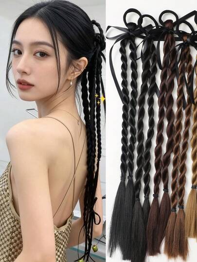 1 pieza Trenzas de peluca de 18 pulgadas para mujeres con lazo de cinta, trenzas retro francesas de moda, accesorio de peinado con trenzas, adecuado para uso diario, como regalo de Navidad, crea fácilmente un peinado elegante (Colores de cabello: negro natural, marrón claro, marrón oscuro, negro parduzco)