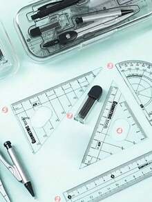 8pcs Transparent Plastic Geometric Compass And Ruler Set - Durable Drawing Tool Kit, Includes Protractor, Triangle Rulers And Eraser, Suitable For School And Art Projects - Transparent - View 5