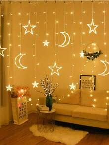 1pc 138L Moon & Star Window Curtain Light, 8 Modes USB Camping Decor Lamp, Star String Lights, LED Pentagram Fairy Lights, Suitable For Christmas, Festivals, Weddings, Holidays - Ánh sáng ấm áp - Xem 9