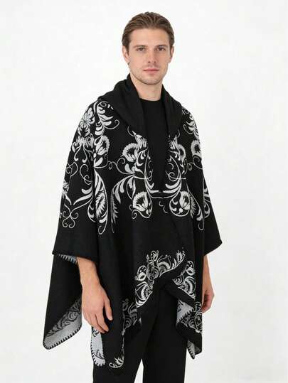 1件男士休闲印花连帽时尚高端斗篷披肩，适合日常穿着