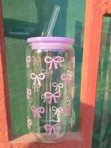 1 Set/With Lid & Straw Purple Bow Iced Coffee Glass Straw Cup, Cold Drink Juice Straw Cup, Hot Drink Straw Cup, Outdoor Travel Large Capacity Water Bottle, Exquisite Cute Milk Tea Cup, High Quality Juice Cup, High Temperature Baked Printed Design Won't Peel Off, Machine Washable - Best Gift Choice - Multicolor - View 10