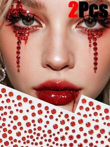 2片红色闪亮脸部水钻贴纸，锐舞派对妆容水钻贴纸，Y2K风格音乐节DIY眼部及面部装饰，情人节礼物 - 紅色 - 查看 6