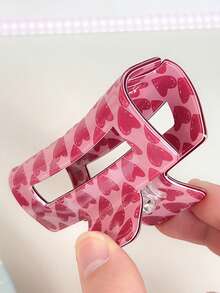 1个女士粉色爱心印花可爱情人节礼物发爪夹，粉色配饰，情人节发夹，发饰，适合学校、大学、秋冬季、女士节日装扮，花朵发夹 - 彩色 - 查看 11