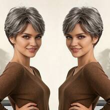 P4/27 高光精灵短发假发，带刘海，6英寸，150%密度，直发造型，适合女性，混合灰白发色，1B层次感直发，巴西原生发，无胶假发，完美适用于音乐节、母亲节、狂欢节、情人节、万圣节、万圣节、圣诞节、角色扮演、春夏秋冬等各种场合。 - 彩色 - 查看 5