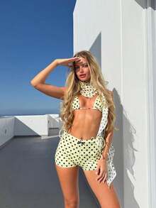 新款女士时尚休闲优雅性感黄色波点印花沙滩度假派对泳装套装，春夏款 - 彩色 - 查看 6