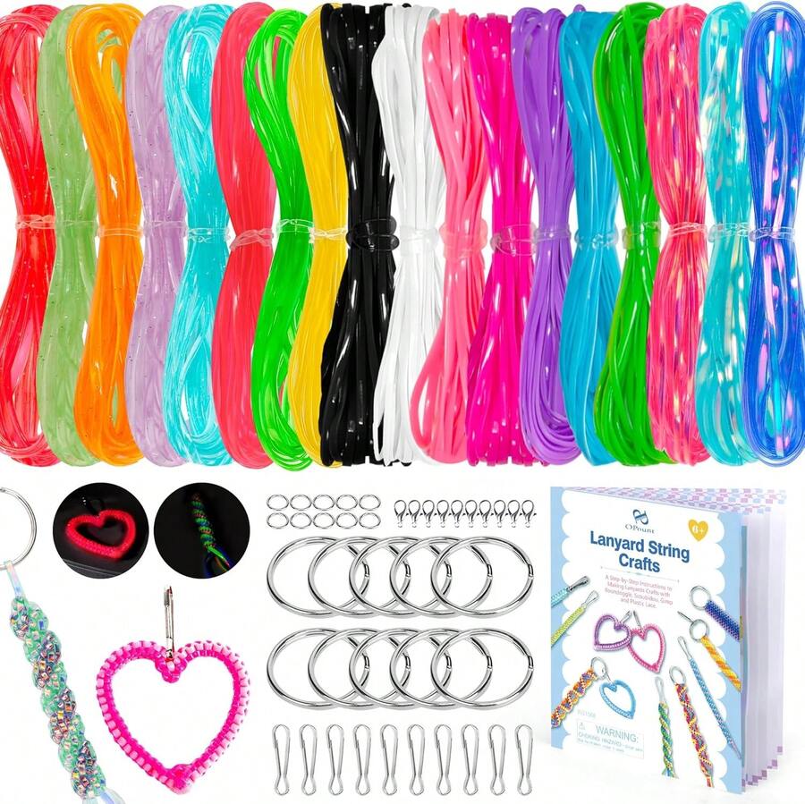 PP OPOUNT Lanyard String Kit For Christmas Crafts \U2013 15 Plastic Gimp Strings With 40 Keychain Accessories &Amp; Instructions, DIY Bracelets Keychains Christmas Gift Craft Set(Solid\/Glitter\/Laser Colors) - 18 SolidGlitterLaserGlow In Dark - View 1