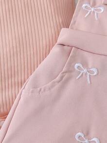 2件套女婴休闲时尚日常甜美可爱粉色针织竖条纹圆领荷叶袖连体衣和粉色编织蝴蝶结刺绣口袋背带短裤套装，夏季 - 粉色 - 查看 8