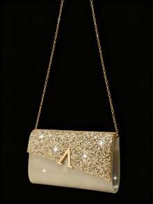 Shiny Sequin Evening Bag And Prom Bag, Fashionable New Women's Party Bag With V-Shaped Bridal Wedding Design, Paired With A Sparkling Three Pieces Evening Rhinestone Jewelry Set: Delicate Y-Shaped Chain Rhinestone Pendant Necklace, Earrings, And Bracelet, Suitable For Girls Attending Parties, Weddings, And Evening Events. - Gold - View 6