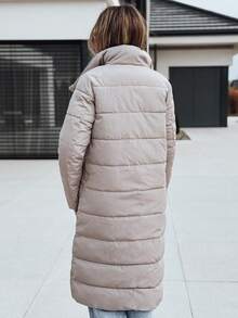 Women's Long Quilted Coat, Simple And Loose Cut, Snap Button Design, High Collar, Polyester Fabric, Smooth Lining, Knee Length, With Side Pockets, Suitable For Autumn And Winter Wear. - Beige - View 6