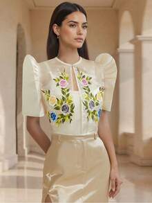 女士优雅气质泡泡袖印花短袖开衫 - 香檳色 - 查看 4