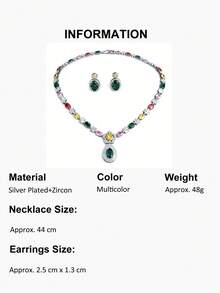 1 套流行多色方晶锆石花朵首饰套装，镀银女士椭圆形 CZ 吊坠耳环和项链，适合婚礼、订婚、宴会、派对、舞会，送给新娘、女友、妻子、圣诞节的礼物 - 彩色 - 查看 12