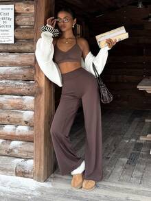 Vintage Street Style High Waist Pants, Elastic Loose Design, Slimming And Lifting, Accentuates Waistline, Suitable For Pilates. High-Waisted Design, Elastic Fabric Enhances Curves, Creates Retro Street Style. Classic High-Waisted Cut, Shaping And Fitting, Loose Silhouette, Showcases Timeless Elegance. Women's Vintage High-Waisted Sweatpants - Brown - View 5