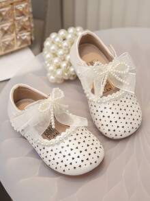 1双女童时尚优雅简约舒适珍珠蕾丝蝴蝶结花朵装饰软底公主平底鞋 - 象牙白色 - 查看 17