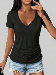 两件装女士休闲V领短袖T恤 - 宽松纯色上衣（黑色/灰色），可机洗，四季皆宜，日常穿着，褶皱设计，夏季舒适 - 黑色+灰色 - 查看 4