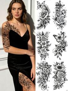 6pcs Black Temporary Tattoo Stickers, Suitable For Arms And Legs, Waterproof And Sweatproof, Easy To Use And Remove, Great For Women, Essential For Parties And Gatherings - Black - View 1