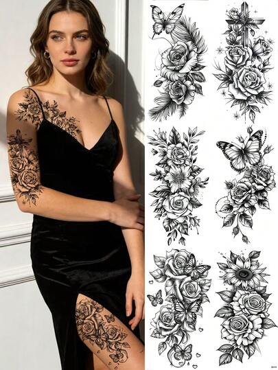 6pcs Black Temporary Tattoo Stickers, Suitable For Arms And Legs, Waterproof And Sweatproof, Easy To Use And Remove, Great For Women, Essential For Parties And Gatherings