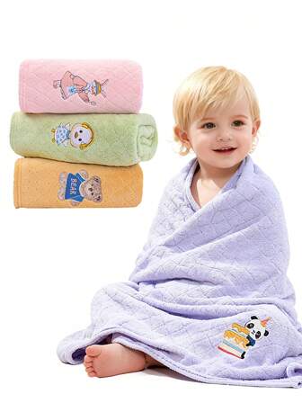 1 st mjuk, mycket absorberande, broderad tecknad korallfleece-babyhandduk - Badhandduk för barn, mångsidig inbäddad filt och överkast, babyfilt för bad och daglig användning, unisex spädbarn småbarn present