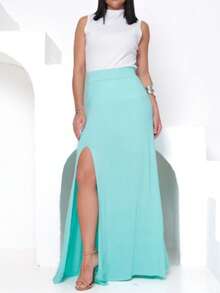Women's Long Skirt With Slit Elegant/Comfortable Light Fabric Summer !! Viscolycra! - 薄荷綠 - 查看 5