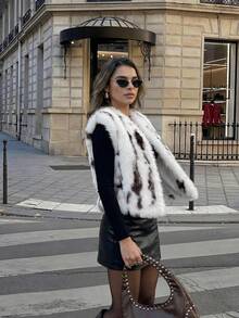 Colete Feminino De Luxo Branca Com Estampa Animal, Elegante, Felpudo E Macio, Ideal Para Festas De Carnaval, Saídas Noturnas, Streetwear Chique, Estilo Mafioso, Moda Antiga E Elegante. - Branco - Ver 5