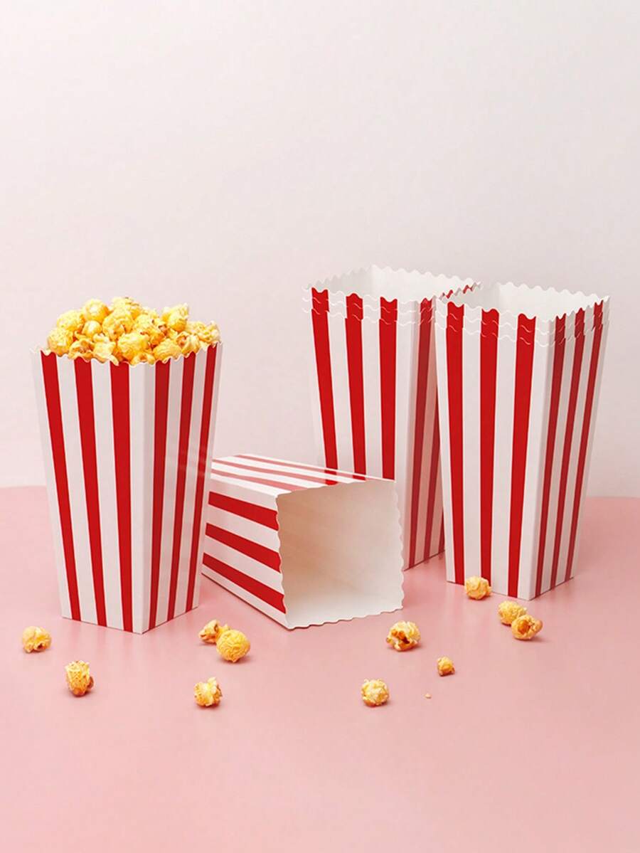 3pcs Striped Paper Popcorn Boxes, Blue, Pink, White - Suitable For Party Favors, Valentine's Day Party, Home Decor, Home Gifts - Multicolor - View 1