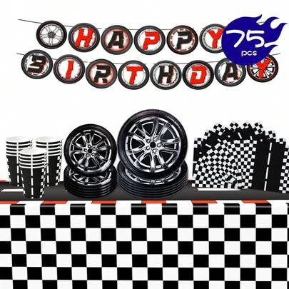 1 Set Car Tire Themed Birthday Party Supplies, Including Disposable Plates, Napkins, Cups, Tablecloth, And Banners, Suitable For 16 Guests, Ideal For Birthday, Wedding, Theme Party, Family Picnic