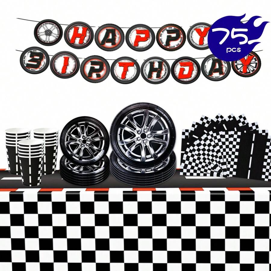 1 Set Car Tire Themed Birthday Party Supplies, Including Disposable Plates, Napkins, Cups, Tablecloth, And Banners, Suitable For 16 Guests, Ideal For Birthday, Wedding, Theme Party, Family Picnic - Multicolor - View 1