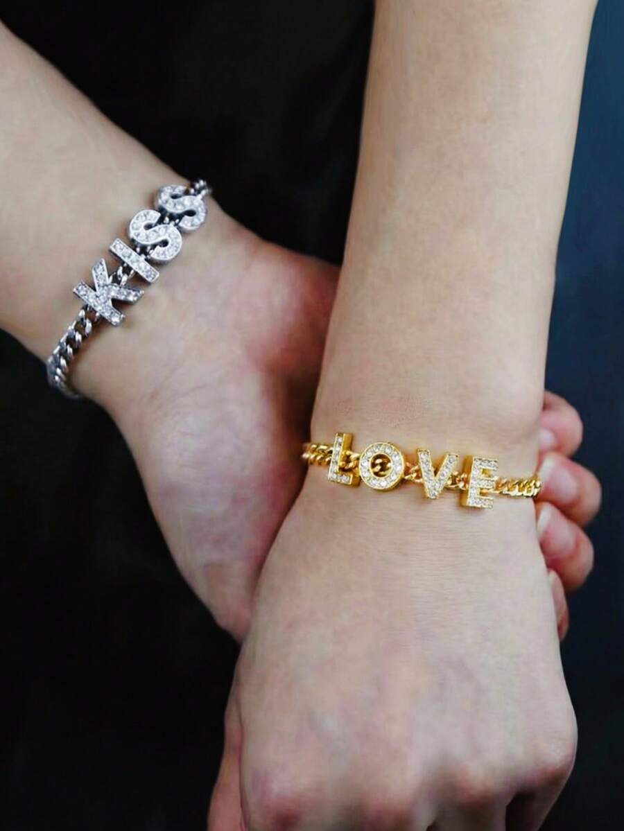 2pcs European & American Fashion Hip-Hop KISS, LOVE Chain Bracelets, Suitable For Daily Wear - Multicolor - View 1