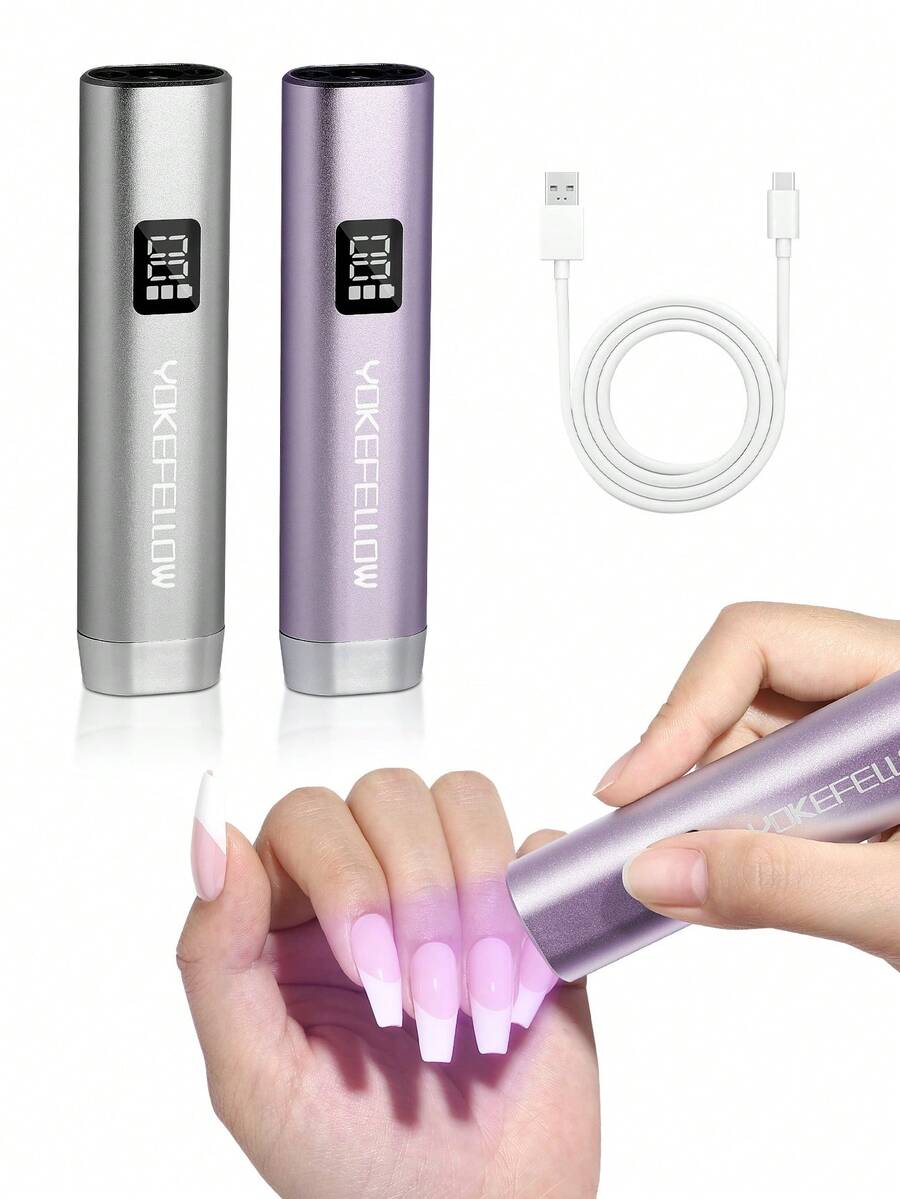 YOKEFELLOW 可充电手持美甲灯，银紫色便携式无线UV美甲灯，带自动感应器和20秒/60秒双定时器及液晶显示屏，快速固化凝胶、水钻美甲贴片、胶水，适用于美甲沙龙、家庭DIY美甲，2025新款