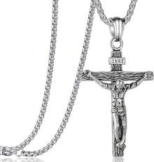 Jesus Christ INRI Pendant Necklace Suitable Teenagers Women Men Matching 24inch Stainless Steel Chain - Bạc - Xem 1
