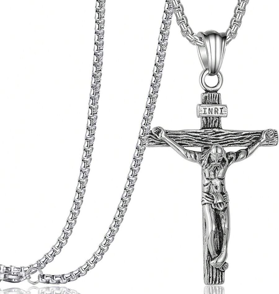 Jesus Christ INRI Pendant Necklace Suitable Teenagers Women Men Matching 24inch Stainless Steel Chain - Bạc - Xem 1