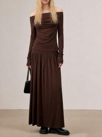 Women's Elegant 2-Piece Set For Date, Casual, Work - Asymmetric Ruched Fitted Top + A-Line Pleated Maxi Skirt, Party Dress