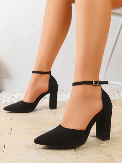 女士黑色优雅踝带单扣高跟凉鞋，粗跟闭趾正式派对礼服鞋