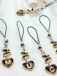 1pc Metal Heart & English Letter A-Z Pendant Phone Lanyard, Black Vintage Style A-Z Letter & Elegant Butterfly Phone Charm