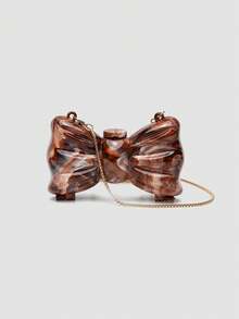 1个迷你亚克力电镀金属银色闪亮蝴蝶结手拿包，多功能装饰女士个性化时尚化妆包，珠宝收纳耳机盒，女士礼物，适合情人节、派对、婚礼、约会，可用作单肩包/斜挎包，优雅女士零钱包 - 巧克力棕 - 查看 7