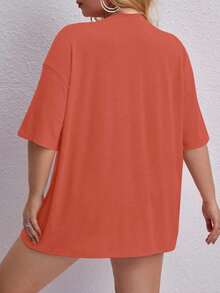 Oversized Printed Aloha Flower T-Shirt, Summer/Spring Short Sleeve Blouse, Lightweight Gym Wear - Coral Pink - View 2