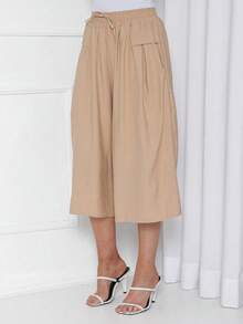 Plain Culottes With Two Elasticated Waist Pockets, Women's Linen, Knot Detail, Wedding Dress. - 米色 - 查看 5