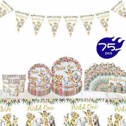 1 Set Floral & Animal 1st Birthday Disposable Tableware, Including Plates, Napkins, Cups, Tablecloth And Pennant Flags, Suitable For 16 Guests, Disposable Paper Plates Party Supplies For Birthday, Wedding, Theme Party, Family Picnic