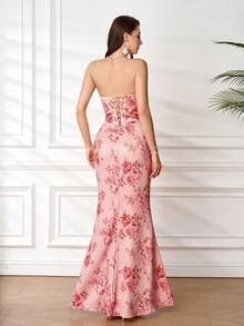 Romantic Floral Print Strapless Sexy Charming Fashion Mermaid Dress, Suitable For Prom, Birthday Party, Wedding Guest Spring - Coral Pink - View 2