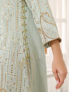 ASBB 重工刺繡金色亮片阿拉伯女款 JALABIYA 圓領金色領結綠色優雅洋裝，2026年秋季派對度假休閒穿著 - 薄荷綠 - 查看 6