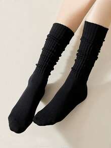 2 Pairs Women's Black & White Simple Slimming Calf Socks, Warm Long Socks Suitable For Daily Wear With Leather Shoes, Autumn/Winter - 常規款 - 查看 3