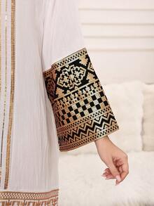 2026 New Style Ramadan Traditional Elegant Dress, Gold Beaded Embroidery, Arabic Women's Dress With Patchwork Hem, Round Neck Long Sleeve, Fashionable And Graceful - White - View 4