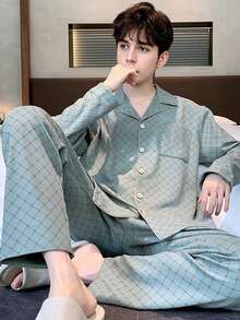 2pcs Men's Long Sleeve Pajama Set - Collared Button-Up Sleepshirt + Straight Leg Pajama Pants - Fashionable Plaid Print Loungewear Suitable For Outerwear - Mint Blue - View 5