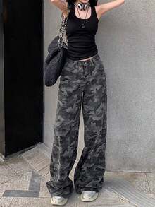 Americana de camuflaje retro pantalones vaqueros de pierna ancha las mujeres la primavera y el otoño de cintura alta suelta delgada recta pantalones de arrastre pantalon de mezclilla dama - Negro - Ver 1