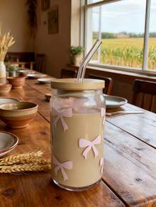 1 Set/With Lid & Straw Purple Bow Iced Coffee Glass Straw Cup, Cold Drink Juice Straw Cup, Hot Drink Straw Cup, Outdoor Travel Large Capacity Water Bottle, Exquisite Cute Milk Tea Cup, High Quality Juice Cup, High Temperature Baked Printed Design Won't Peel Off, Machine Washable - Best Gift Choice - Multicolor - View 12