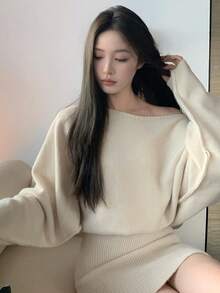 2025新款Y6Y无肩带长袖毛衣连衣裙，配腰带，性感修身包臀连衣裙，秋季款 - 白色 - 查看 5