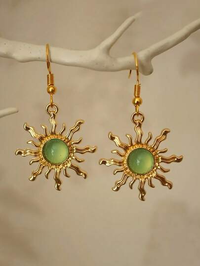 1 Pair Bohemian Style Baroque Sunflower Faux Jade Plated Gold Dangle Earrings, Elegant & Fashionable Earring Hooks