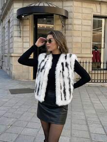 Colete Feminino De Luxo Branca Com Estampa Animal, Elegante, Felpudo E Macio, Ideal Para Festas De Carnaval, Saídas Noturnas, Streetwear Chique, Estilo Mafioso, Moda Antiga E Elegante. - Branco - Ver 8